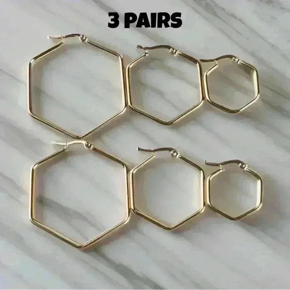Hexagonal Gold-plated Hoops 3 pair set - Picture 2 of 4